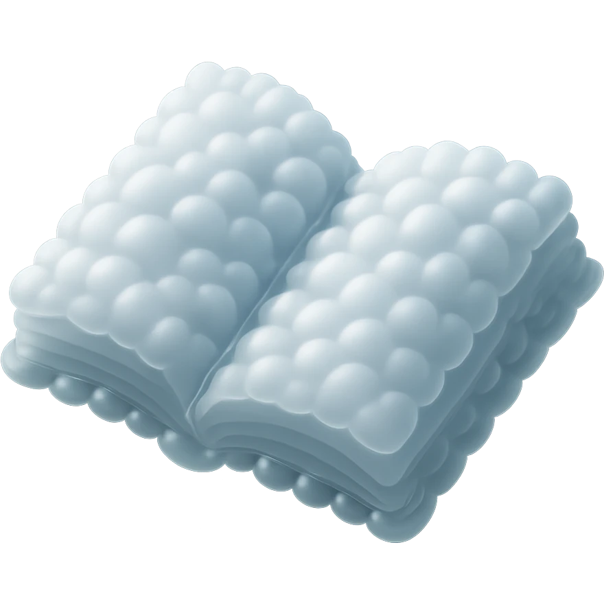 thick open book made entirely of small, very bright white fluffy convex clouds, matte glass style emoji