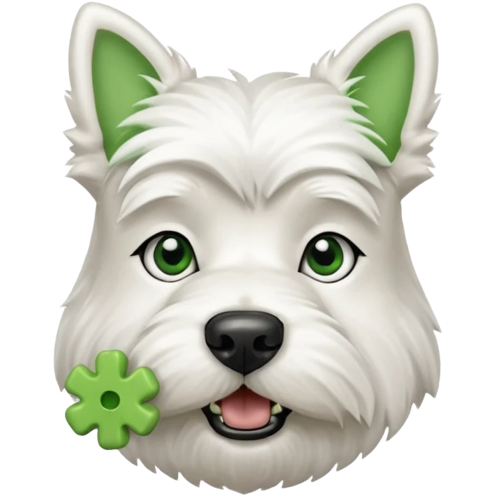a west highland terrier dog with a green bone treat in its mouth  emoji