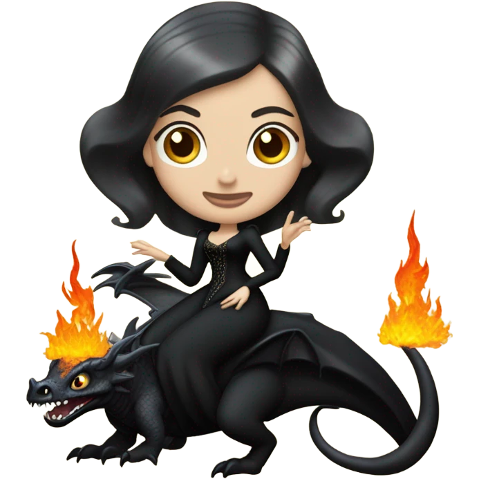 Victorian evening dressed, Teen Morticia Addams Jedi wearing a mini tiara, riding on the back of a very large black shiny evil-looking fire-spewing horned dragon emoji