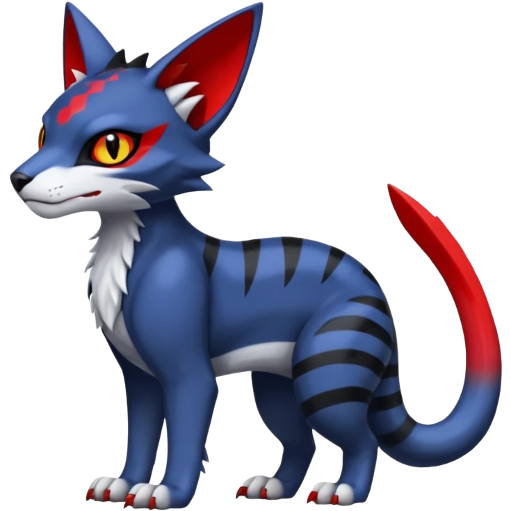 midnight blue-gray-black, with red markings, white belly, scaley scaly batty feline-like quadrupedal digitigrade furry feral Bastet-Noibat-Gatomon-Garchomp-Digimon-Fakémon-Pokémon-creature (full body) emoji