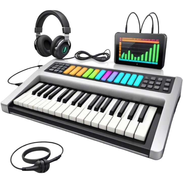 Create a professional and artistic emoji that represents writing music tracks. The design should feature a digital audio workstation (DAW) screen with visible waveforms, a MIDI keyboard, and a high-quality microphone to symbolize the tools used in music production. Add elements like studio headphones and an audio interface to reflect the technical aspects of creating a track. Use sleek, modern colors like silver, black, and neon accents to convey the professional environment of music composition. The background should be transparent. emoji
