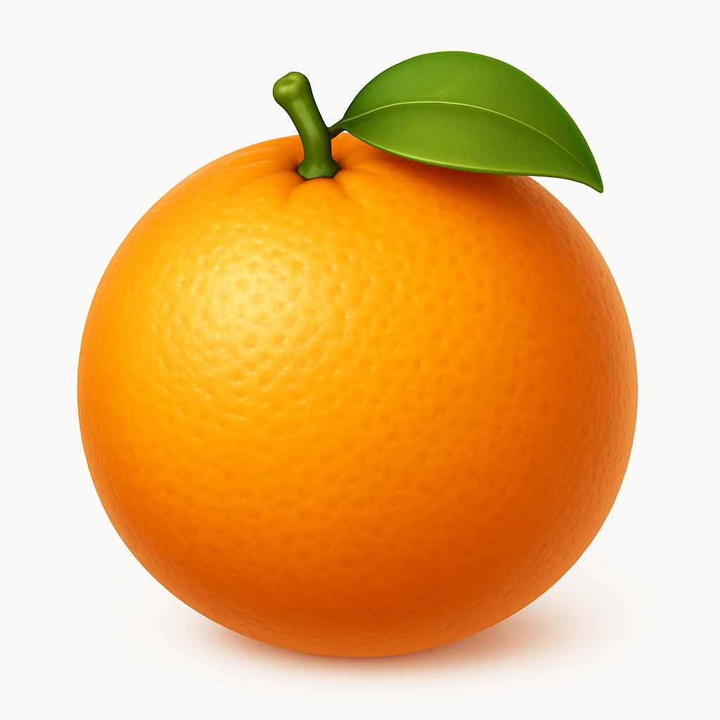 Create an orange fruit emoji in iOS emoji style, 3D, shiny, with smooth gradients, soft shadows, and realistic orange texture. The emoji should not have a face and should resemble the reference image. emoji