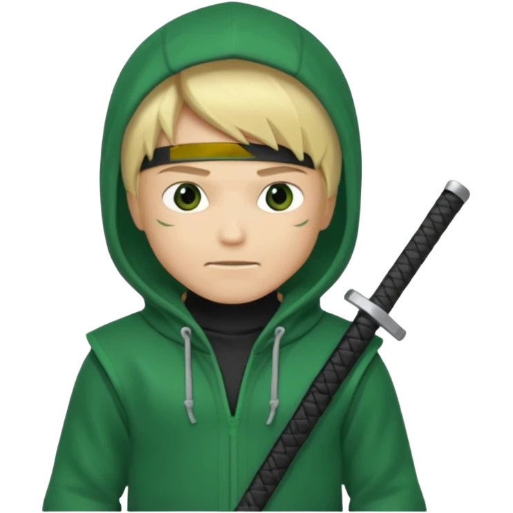 Green ninja Lloyd garmadon blonde hair, kaptur hoody on his head but blonde grzywka visible; the bottom left one is best (the one without miecze + black band + no mask of face) but add miecz; I want no band on head ; I don’t want any band on forehead emoji