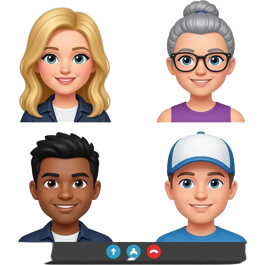 virtual meetings on computer screens amongst 4 white teammates: 2 girls (1 blonde, 1 ash gray with updo and black-framed glasses), 2 guys (1 with black hair, 1 with ballcap) emoji