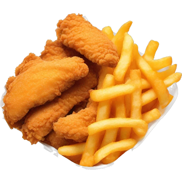 3 chicken tenders with crinkle fries and orange sauce on the side in a styrofoam container emoji
