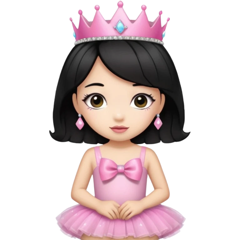 cute girl wearing a tutu, tiara, and a pink glittery bow with black hair emoji