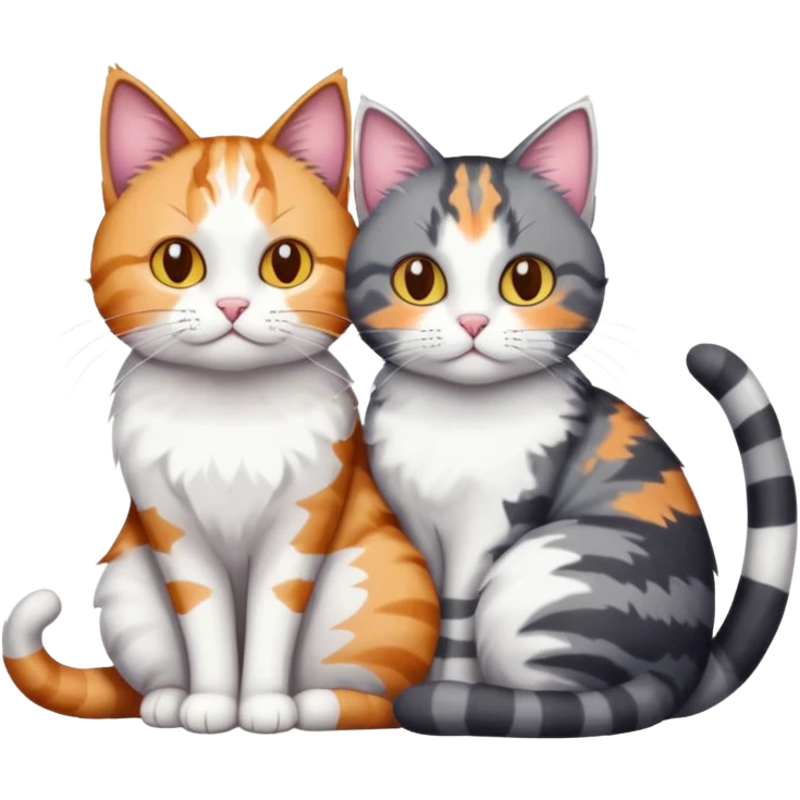 full body colourful light patched calico + white tabby cat cuddling a big dark grey and white tabby cat  emoji