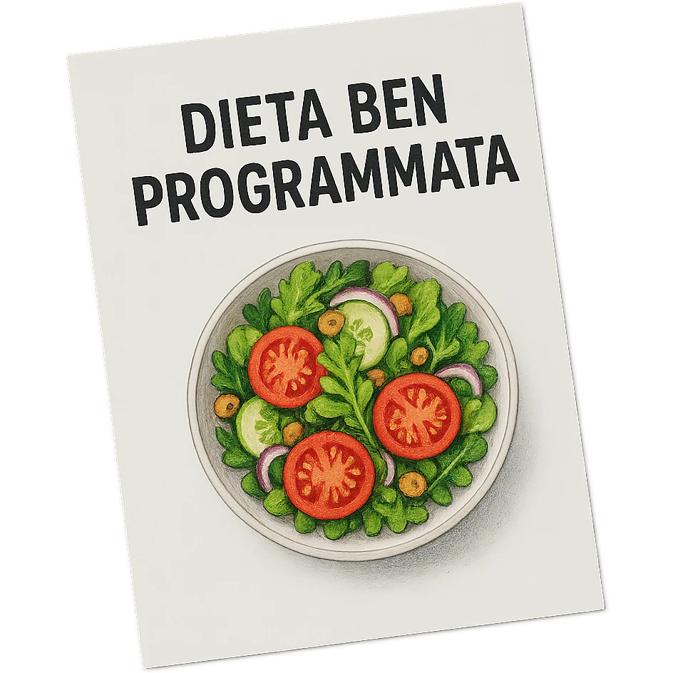 hyperrealistic 4K top view of a white sheet of paper with an illustrated bowl of salad and the text 'DIETA BEN PROGRAMMATA', no background emoji