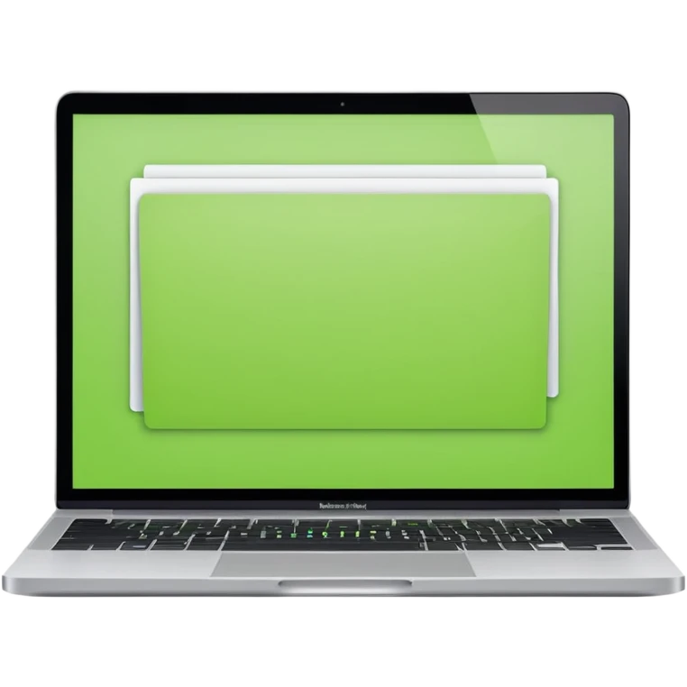 A macbook laptop front facing with its screen showing lime green screen with white paper overlapping outside the monitor . emoji