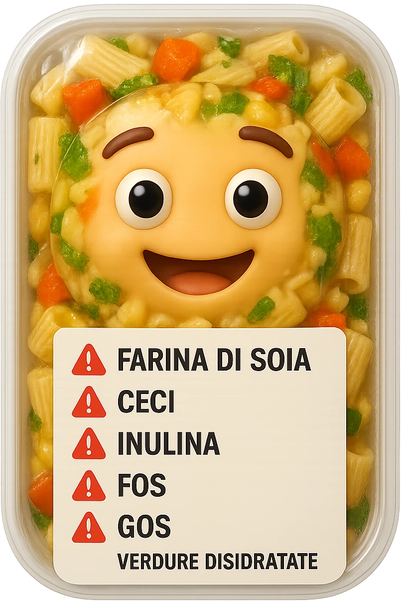SU QUESTO STILE FAI UN EMOJI STILE IPHONE 3D DI UN insalata di pasta precotta preconfezionata con ETICHETTA CON GLI INGREDIENTI SCRITTI, "farina di soia, ceci, inulina, FOS, GOS, verdure disidratate" accanto ad ogni nome scritto mettici un segnale di allarme, FALLO MOLTO REALISTICO IN 3D emoji