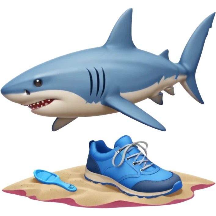 A shark with blue shoes on land near water not in it emoji
