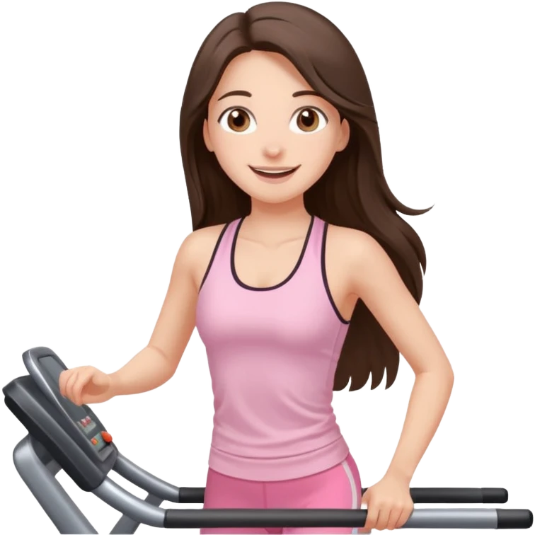 happy long haired brunette girl hazel eyes in light pink on treadmill  emoji