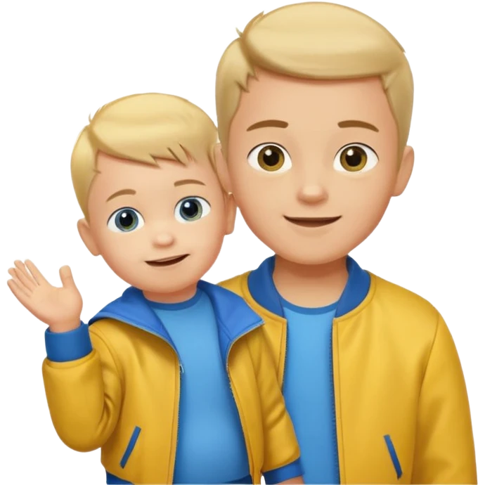 boy with baby hair cut shrugging his shoulder, wearing yellow jacket and smile emoji