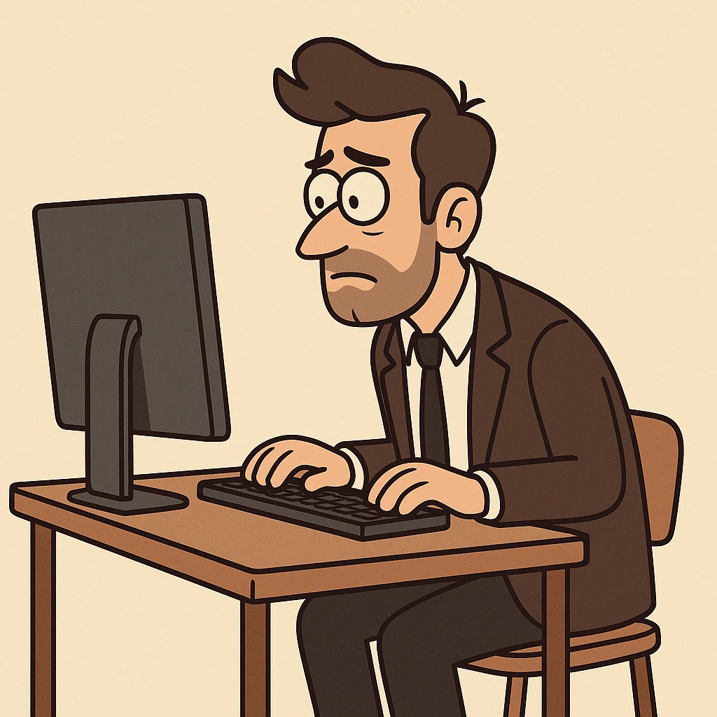 hombre con vestimenta semi-formal, de perfil, frente a una computadora en una mesa sencilla, flat toon style emoji