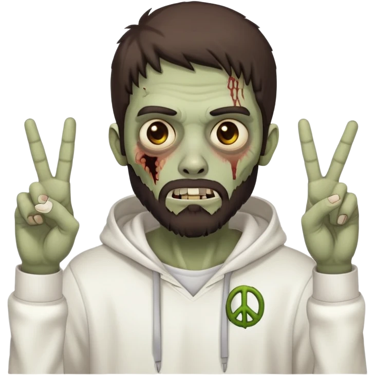 zombie with peace sign gesture wearing plain white hoodie with no designs, dark brown hair and short full beard emoji