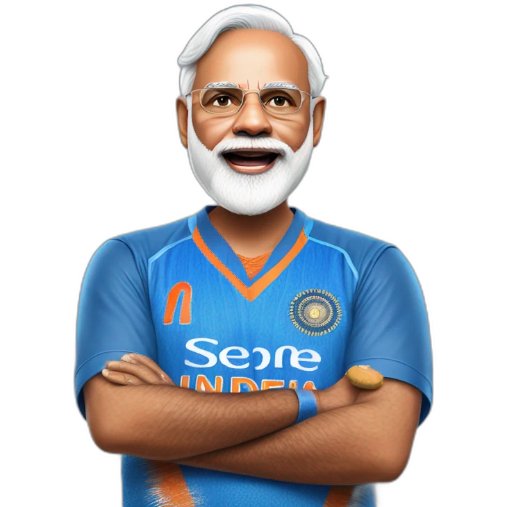 hyper realistic narendra modi in blue indian cricket team jersey with tongue out emoji