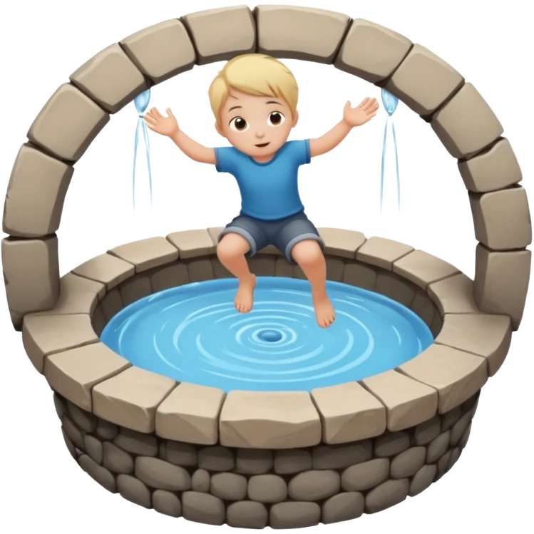 Create a clean emoji-style icon showing a small child falling into a round stone water well. The well must be clearly recognizable: circular stone rim, dark opening. Show the child mid-air, tilted downward above the well with simple motion lines. emoji