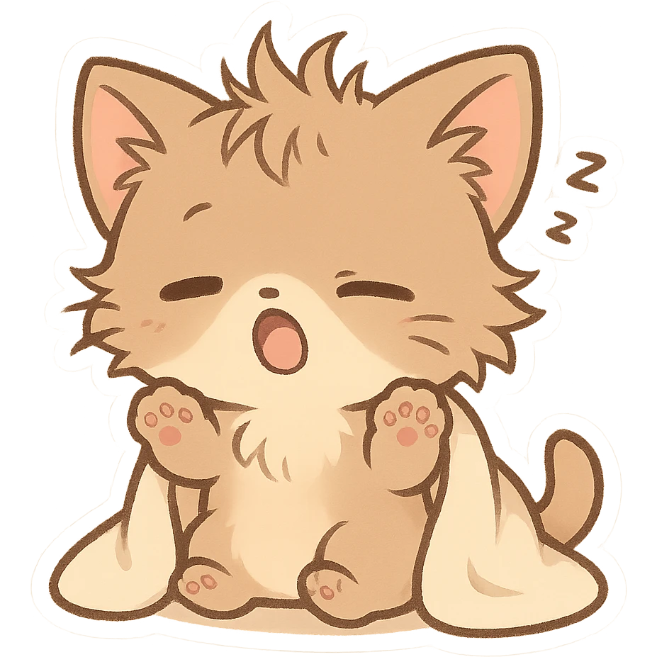 chibi style cat waking up, tiny paws, messy fur, cute expression emoji