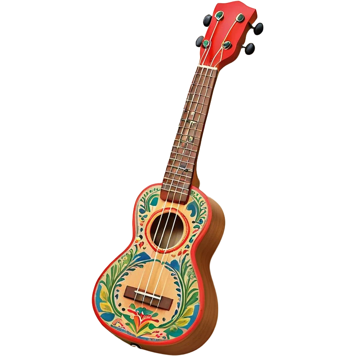 Create a vibrant and artistic emoji representing a ukulele with a Mexican design. The ukulele should feature a bright, colorful body with traditional Mexican patterns, such as geometric shapes, floral motifs, or colorful stripes. Use rich, warm tones like red, yellow, green, and blue to give the instrument a lively, festive look. Highlight the wood grain of the ukulele’s neck and fingerboard, and add subtle details like decorative inlays or a small Mexican flag symbol on the body. The strings should be clearly visible, and the instrument should be in a slightly angled position to showcase its unique design. The background should be transparent. emoji