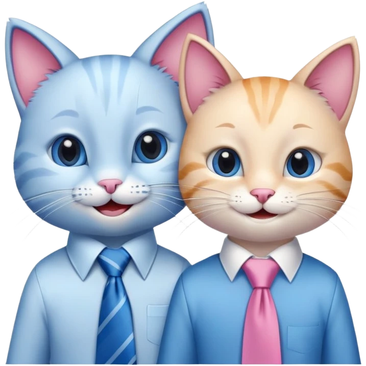 happy girl cat with eyelashes wearing a pink necktie and happy boy cat wearing a blue necktie, standing close together, both smiling emoji