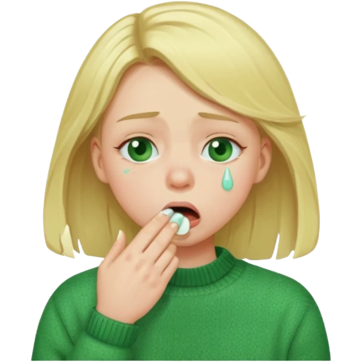 blonde girl in green jumper cough emoji