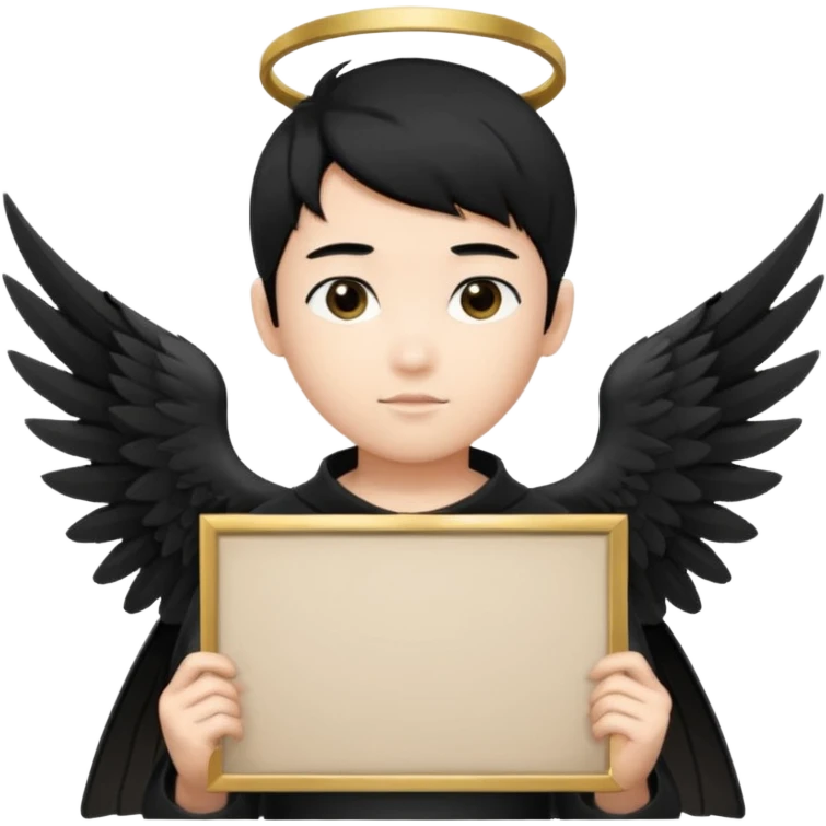 Asian Boy Angel with black hair black halo and black wings holding a large blank sign emoji