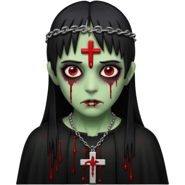 zumbi verde com olhos vermelhos sangrando e franja roupa preta e um crucifixo como colar emoji