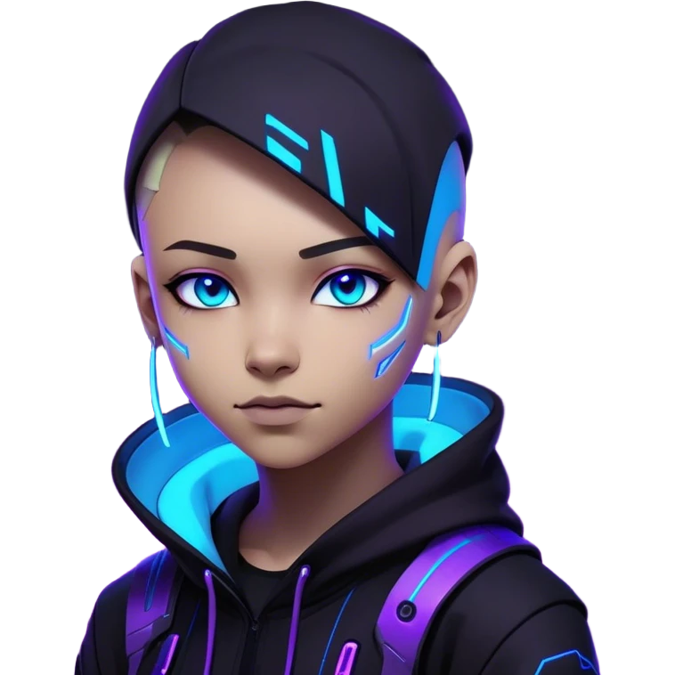 "A highly detailed futuristic digital avatar of a young graphic designer. Cyberpunk-inspired, wearing a sleek black hoodie with neon blue and purple accents. The character has sharp features, a confident smirk, and glowing eyes (one blue, one purple). The background is dark with abstract lighting, giving a professional and mysterious vibe. The art style is a mix of ultra-realistic and sci-fi digital painting, high resolution emoji