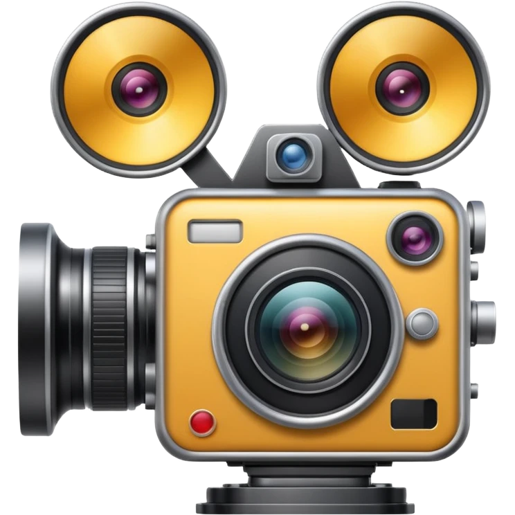 Minimal emoji icon of a huge cinematic metalic camera, front view, realistic lens, no gold emoji