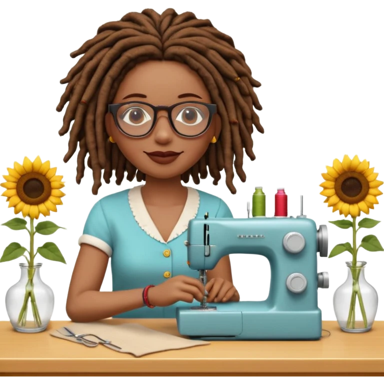 African American woman, flawless medium skin tone, glasses, rosey cheeks, full lips, natural chin length  brown dread locks, sitting at sewing machine, and a vase of sunflowers, slightly grinning as she sews, still life, 3D render, colorful highly detailed, 4k, no emoji icons, no emoji faces emoji