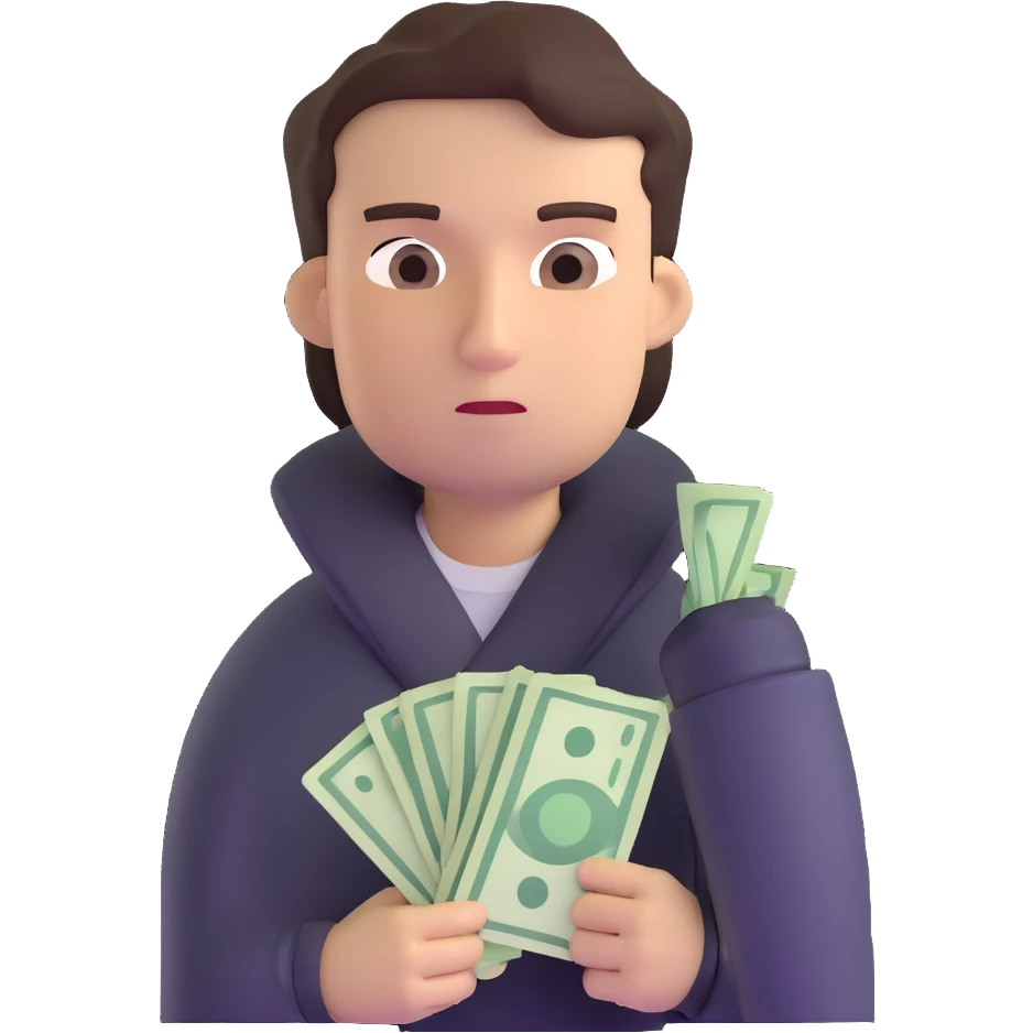 dark brown haired guy with a round face, disappointed look, holding cash emoji