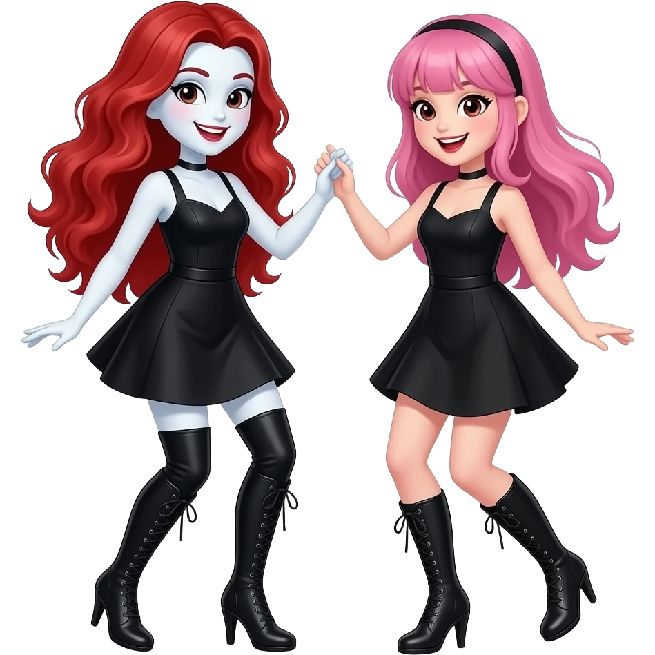 Vampiro femmina ADOLESCENTE con pelle bianca e capelli rosso ondulati lunghi che indossa un vestito corto nero e degli stivali lunghi neri con tacco e balla con la sua amica VAMPIRO che indossa i suoi stessi vestiti e ha i capelli rosa con la frangia e sono felici emoji