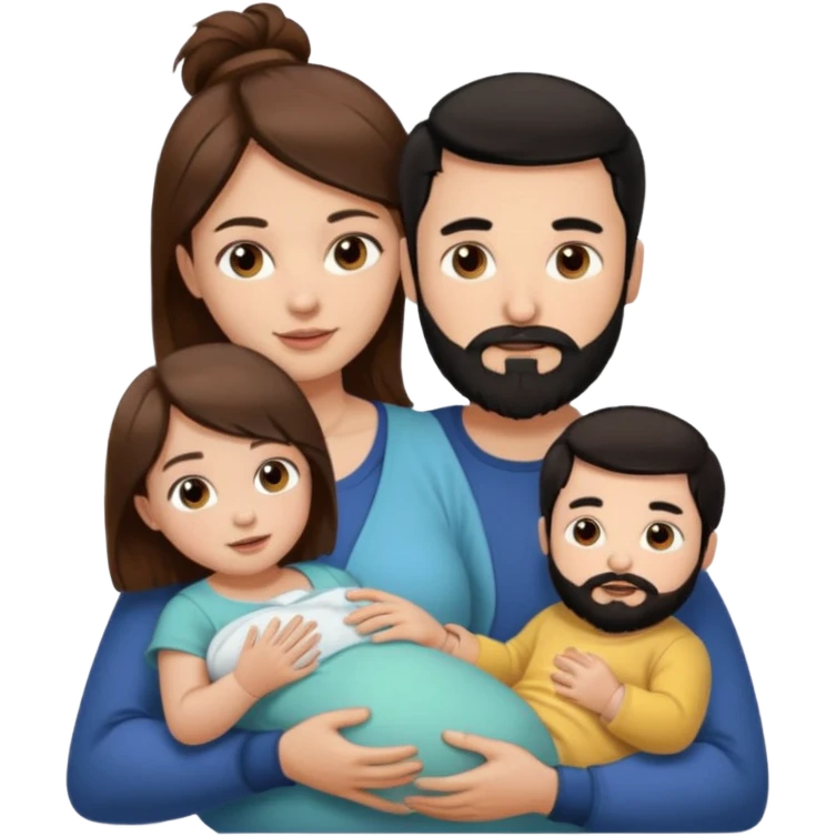 Una mujer con pelo castaño y ojos marrones y un hombre con pelo negro y barba y un solo bebe emoji