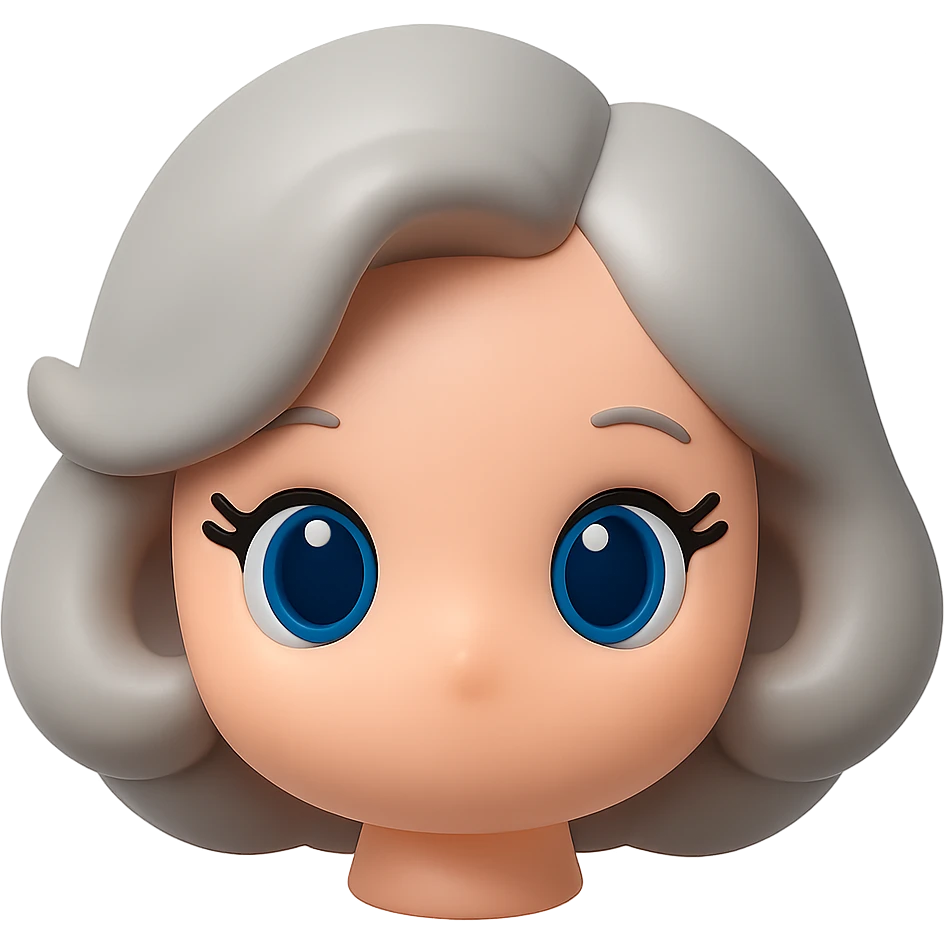 Change the plush texture to a soft, smooth fleece (not wrinkly), keep pure silver grey hair, blue eyes, 1940s bob hairstyle, cute plush-style eyelashes, no body, no mouth, no white border, transparent background. emoji