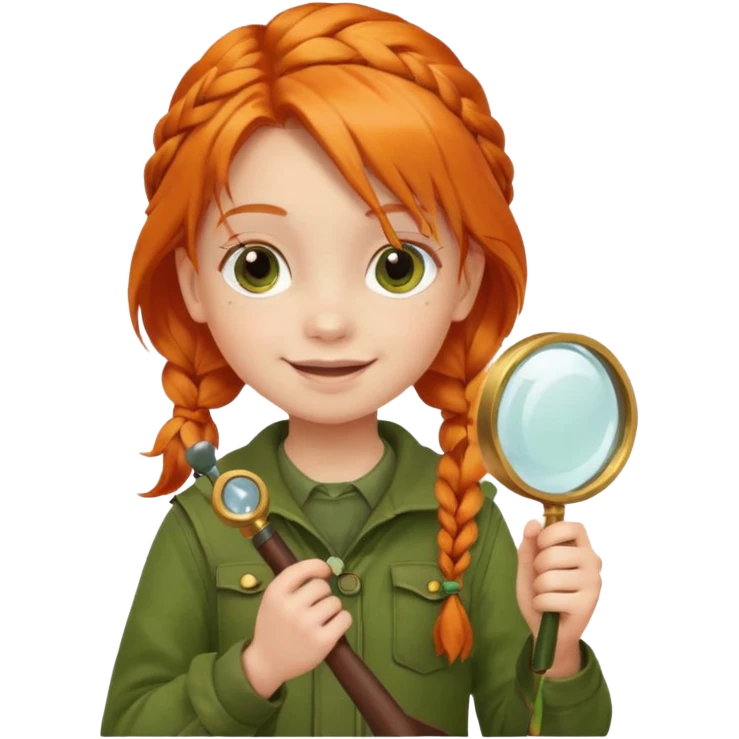 braid orange haired girl kid in moss green explorer outfit, holding magnifying glass, smile emoji