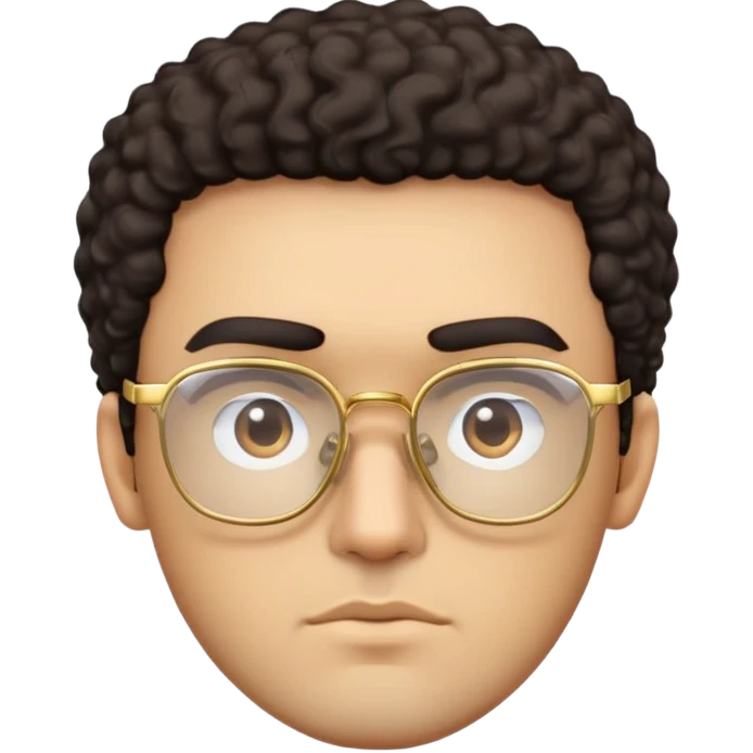 Man with angular square face, thick straight eyebrows, dark curly short hair, light stubble, neutral serious expression, wearing large square gold glasses emoji