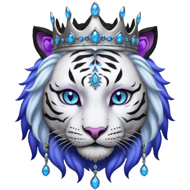 ESO Female white/black tiger khajiit leader of the umbral rose, glowing blue eyes, glowing blue 'third eye' gem, black beaded dreadlocks; silver crown/tiara with purple gems emoji