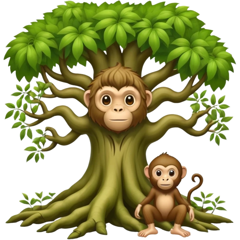 Whimsical tree giant with monkey face, leafy hair, root limbs, and giant bare feet in a forest. emoji