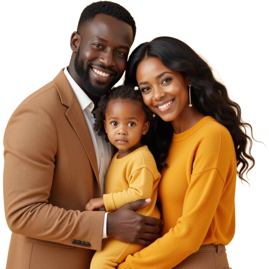 closeup shot of a diverse family (two adults and a child) with detailed, lifelike textures and a soft background in skeuomorphism style emoji