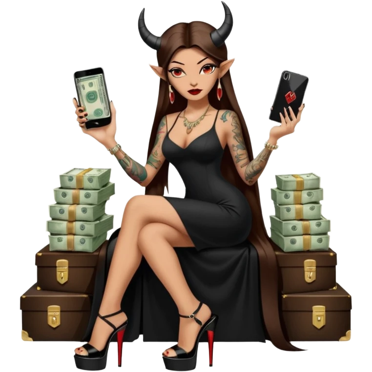 Sensual queen long brown straight haired mafia woman with black shiny platform high heels on her feet,  and black devil horns on her head, tattoos on arms , holding a stack of cash, has a phone in other hand. Sitting on a large big new model F350 pickup truck  long black dress with  slit emoji