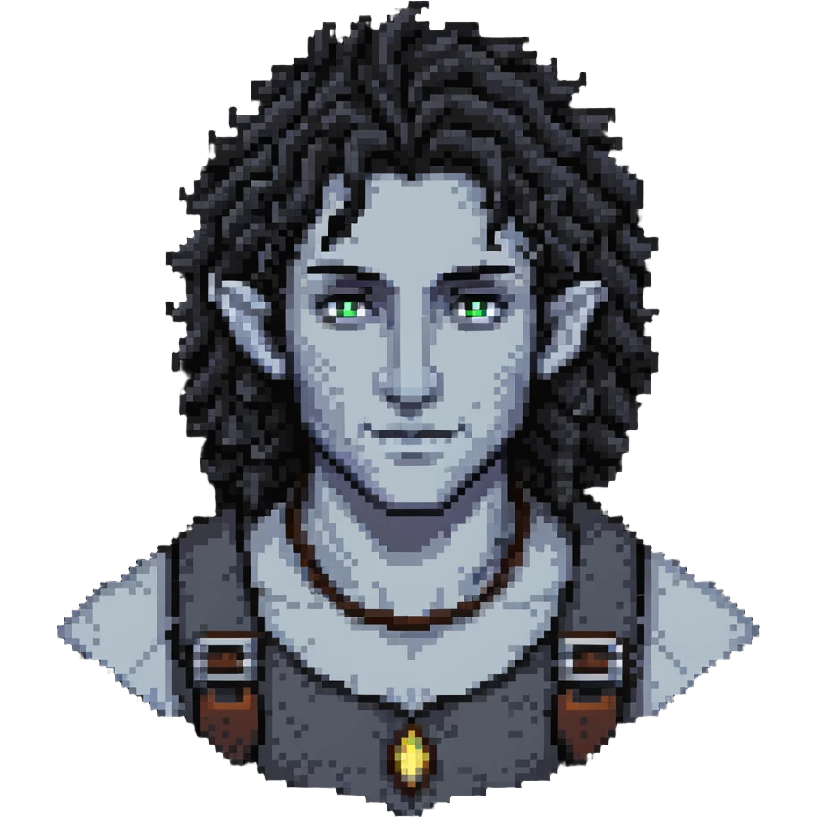 firbolg from DnD with gray skin, black curly hair, clean-shaven face, no beard emoji