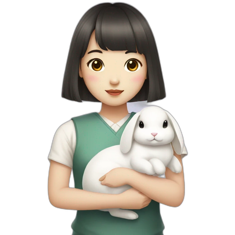 korean girl with bangs holding white rabbit emoji