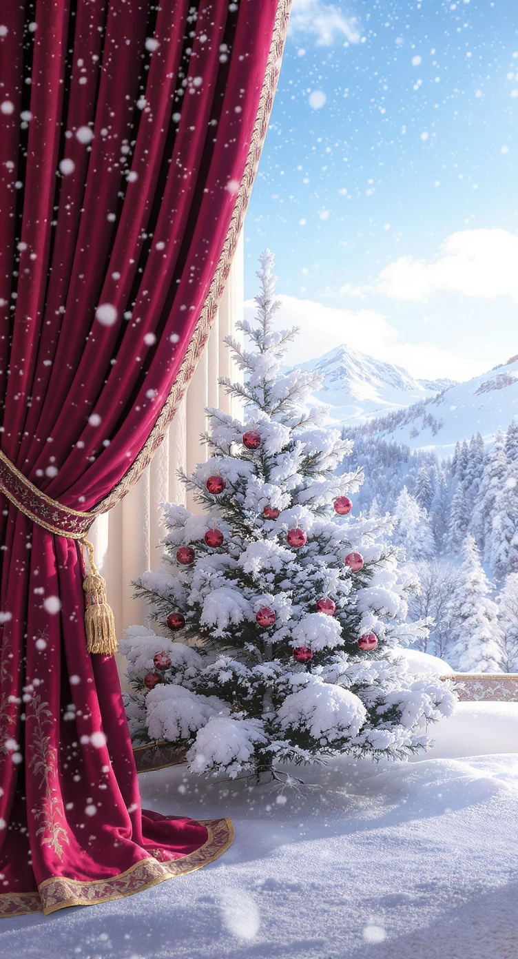 Cinematic still of a winter landcape, snowy, next to stage christmas tree in snow, in background we can see beautifull snowy landscape, soft light, symmetrical, day emoji