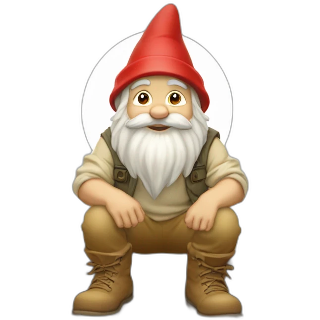 side view of gnome with light tan pants and light tan boots squatting in front of small dirt pile emoji