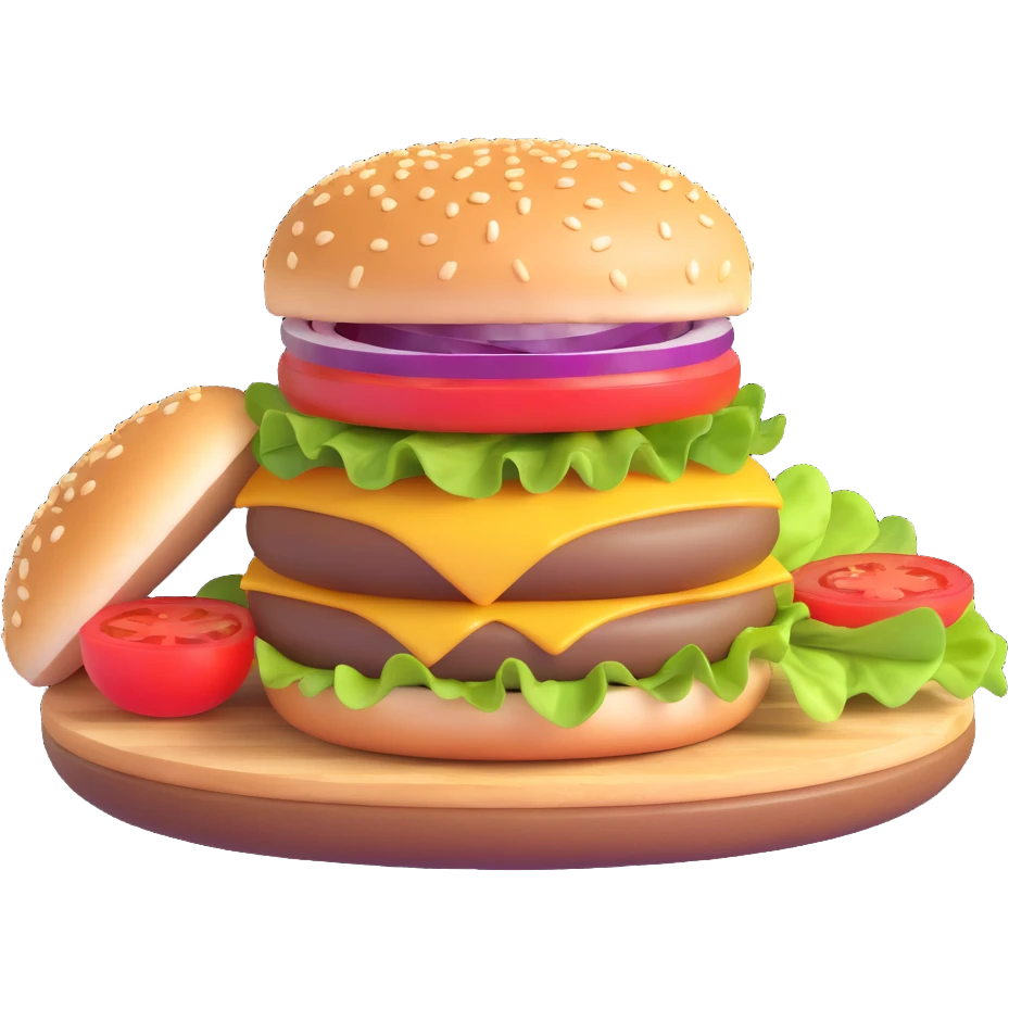 burger emoji with halved bun, salad, pickle, onion, tomato cutlet, sauce, cheese, halved bun emoji