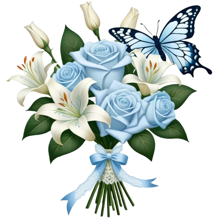 A classic bouquet of pale blue roses, delicate white lilies, and trailing jasmine, tied together with an embroidered ivory ribbon. A butterfly with lace-like wings hovers nearby, casting a soft, intricate shadow over the bouquet. emoji