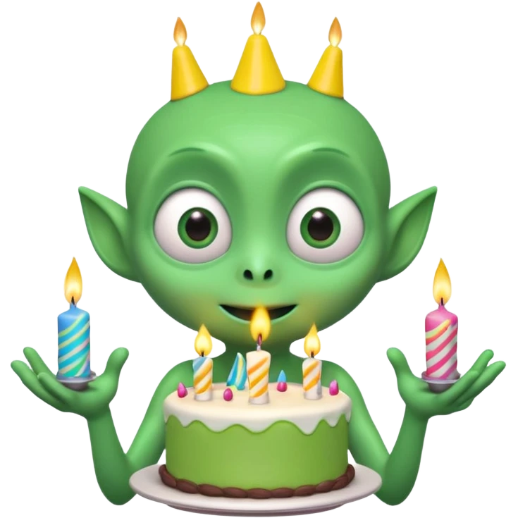 A cute friendly alien holding a birthday cake with candles, big expressive eyes, bright colors, cartoon style, playful atmosphere, 3D animated look, Pixar-inspired, highly detailed
 emoji
