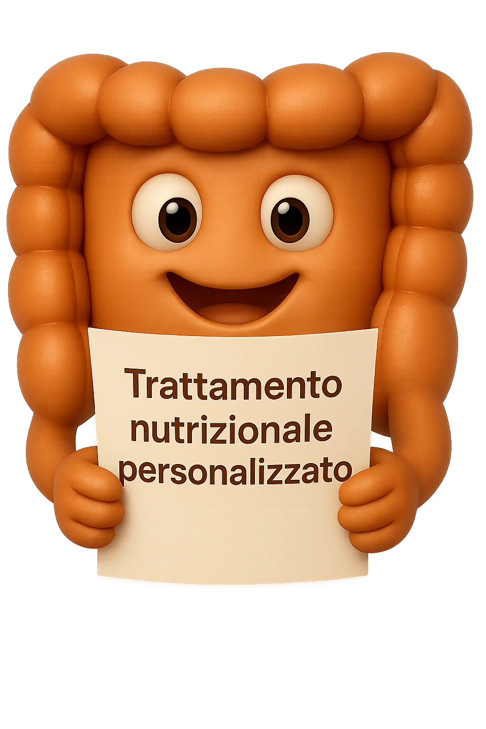 emoji stile iphone di un intestino felice che legge un foglio con la scritta "trattamento nutrizionale personalizzato", non fargli il naso, iperrealistico 4k emoji