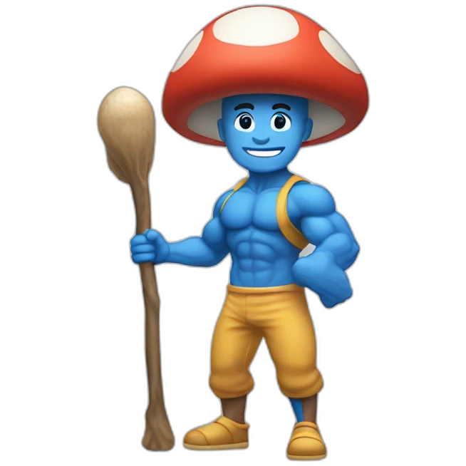 Strong muscles Blue human NO ears wearing a mushroom cap carrying a stick in one arm standing on two legs emoji