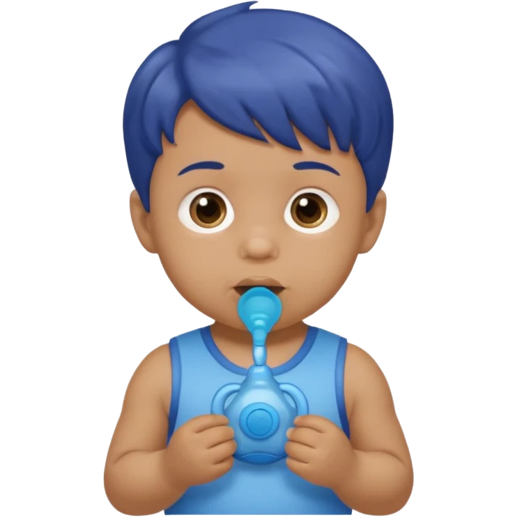 A boy baby with light brown skin, short wavy light-brown hair, wide brown eyes, and a blue pacifier.  emoji